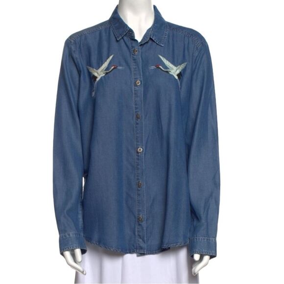 THE KOOPLES Embroidered Crane Long Sleeve Button Up Lyocell Chambray Shirt - Picture 11 of 11